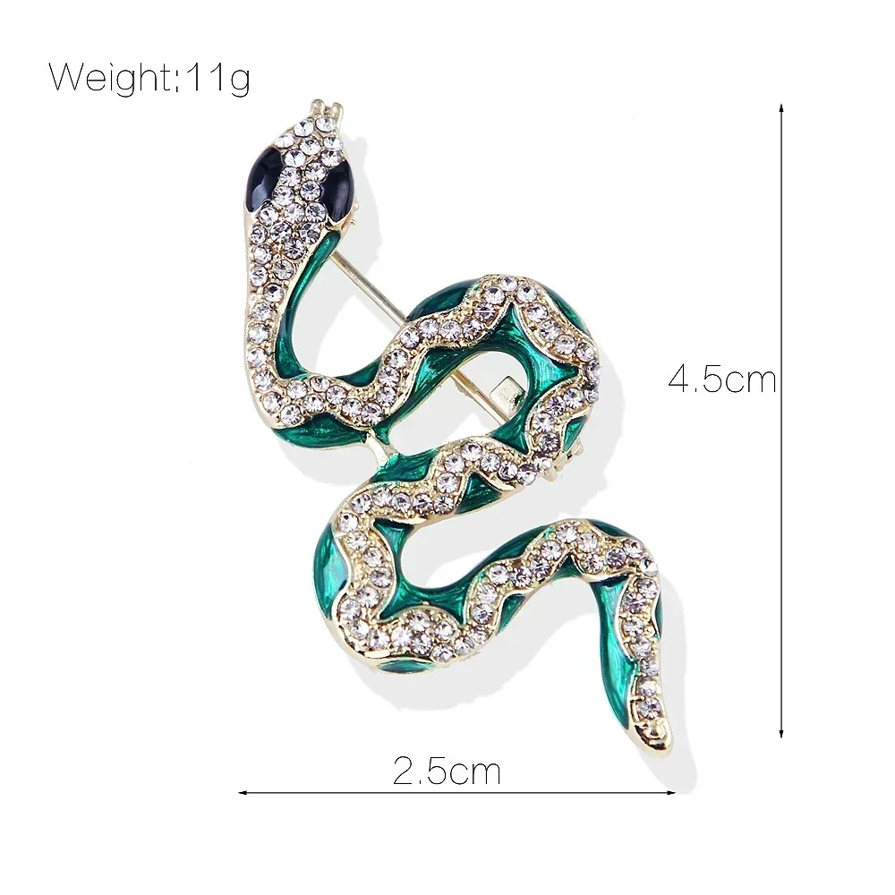 Vintage Crystal Green Snake Brooch Rhinestone Animal Lapel Pin For Men Women Backapak Decor Jewelry Gift Colothing Accessories