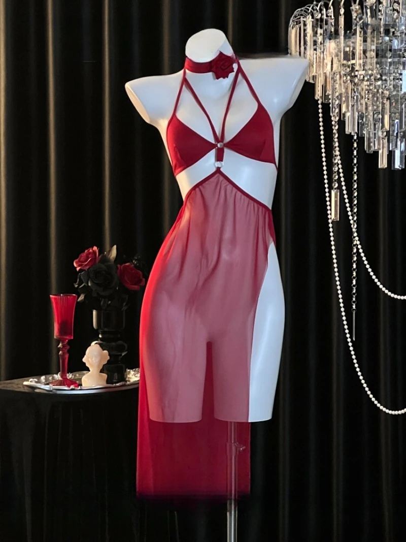 

Длинное сетчатое платье с розовой тематикой для женщин, трехмерный цветочный бюстгальтер, элегантная одежда для сна с бретелькой на шее, романтический наряд для свиданий