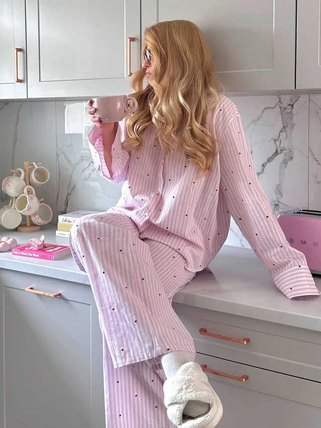 

Fashionable Striped Long Sleeve Pants Set Women's Outerwear Sleepwear Comfortable Midweight Long Pants Stylish Chinese Design