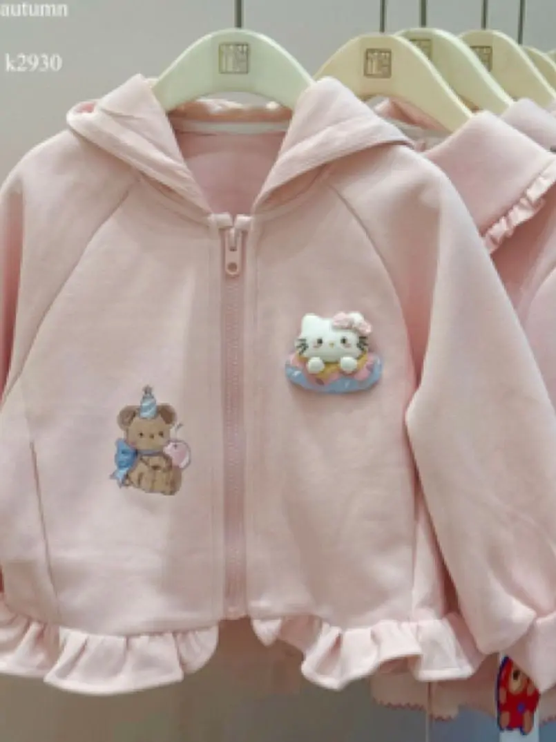 

Новая весенняя детская толстовка-куртка для девочек на молнии, хлопковая, с 3D-рисунком и рюшами, модная, в корейском стиле, свободного кроя, с длинными рукавами