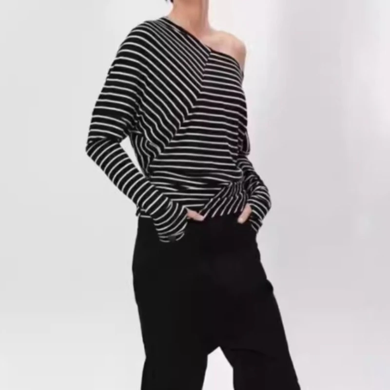 

Women's asymmetrical knitted top with striped long sleeves for office ladies elegant casual tops