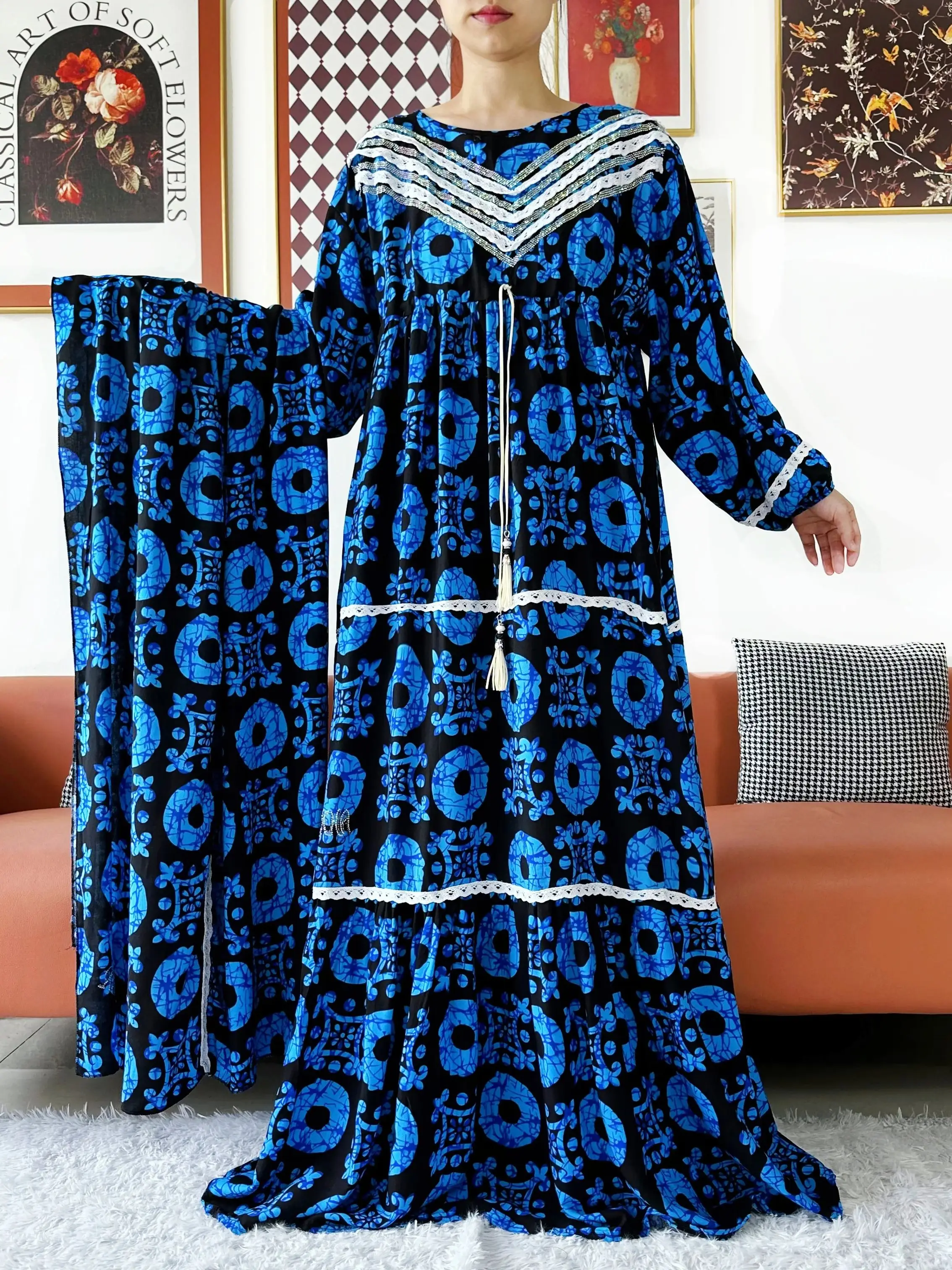 2025 نسيج عالي الجودة KASHKHA فساتين نسائية فستان بكم طويل عباية قطن وشاح كبير بوبو ماكسي إسلام فستان نسائي أفريقي #1