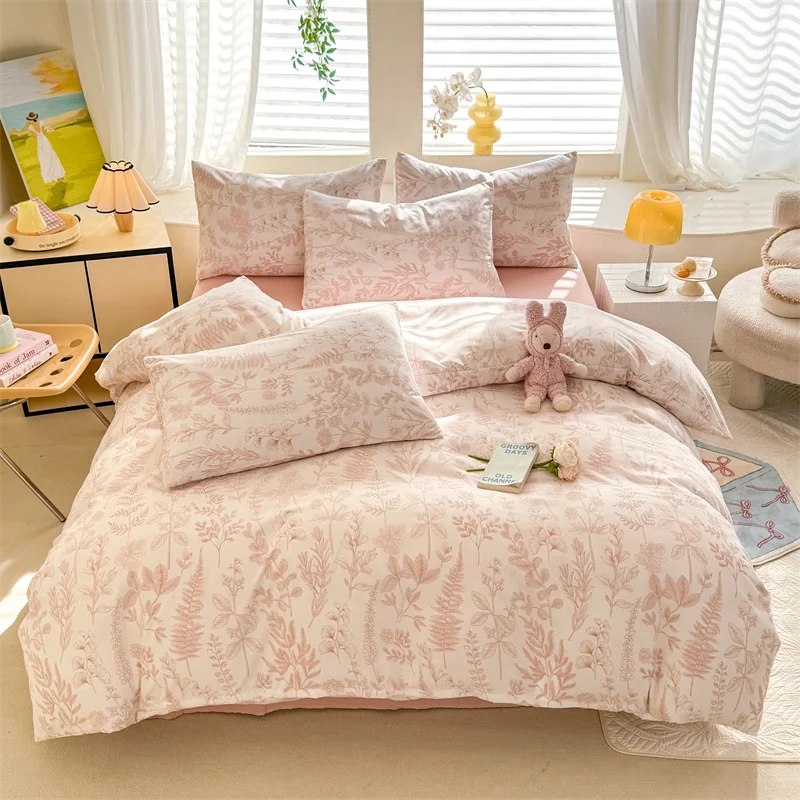 Bonenjoy Pink Flower Duvet Cover Sets Washed Polyester Super Soft Bed Cover Sets Single/Queen/King Quilt Cover with  Pillowcase