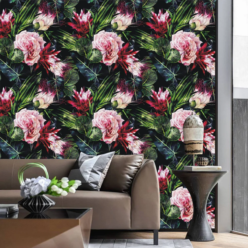 ورق جدران من الفينيل ذاتي اللصق قابل للإزالة بأوراق خضراء داكنة وزهور وردية اللون قابل للإزالة لديكور المنزل والحمام #5