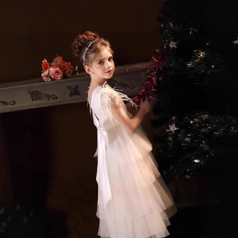 

Girls Feather Sleeve Lace Bodice Tiered Tulle Ball Gown Elegant Design For Formal Occasions Weddings Flower Girl Birthday Celebr