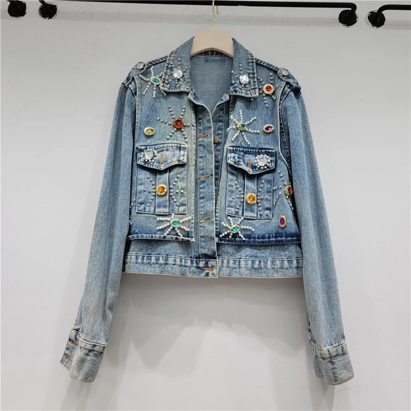 

Vintage Blue Beading Diamonds Big Pocket Denim Jacket Women Cowboy Outerwear Streetwear Korean Loose Short Jeans Jacket Female