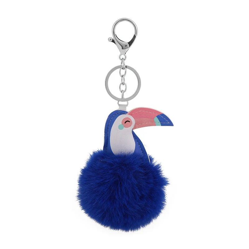 Fluffy Rabbit Fur Ball Pompom Toucans Keychain For Women Plush Leather Bird On Bag Car Trinket Wedding Party Girl