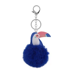 Fluffy Rabbit Fur Ball Pompom Toucans Keychain For Women Plush Leather Bird On Bag Car Trinket Wedding Party Girl