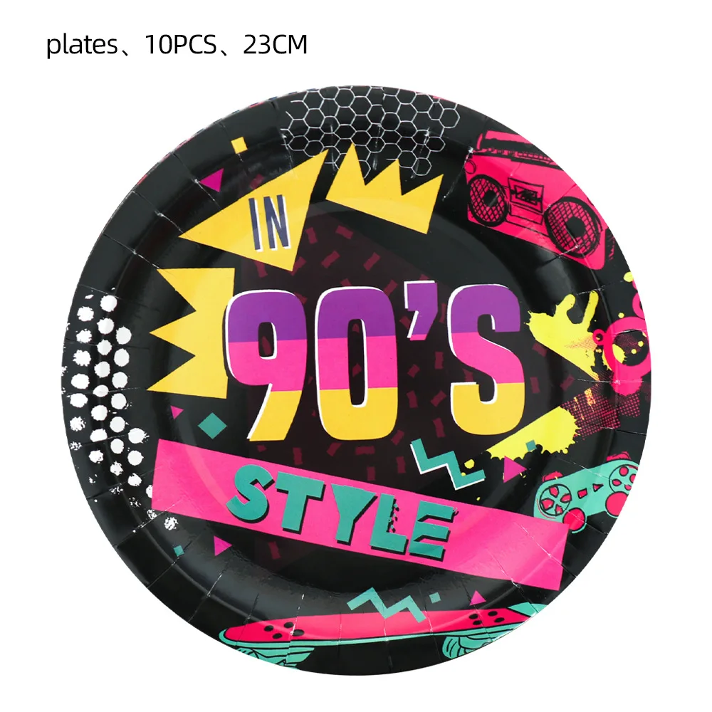 90’S Party Supplies Paper Plates Napkins Cups Plastic Cutlery 90’s Women Men Friend Birthday 90s Theme Party Table Decorations