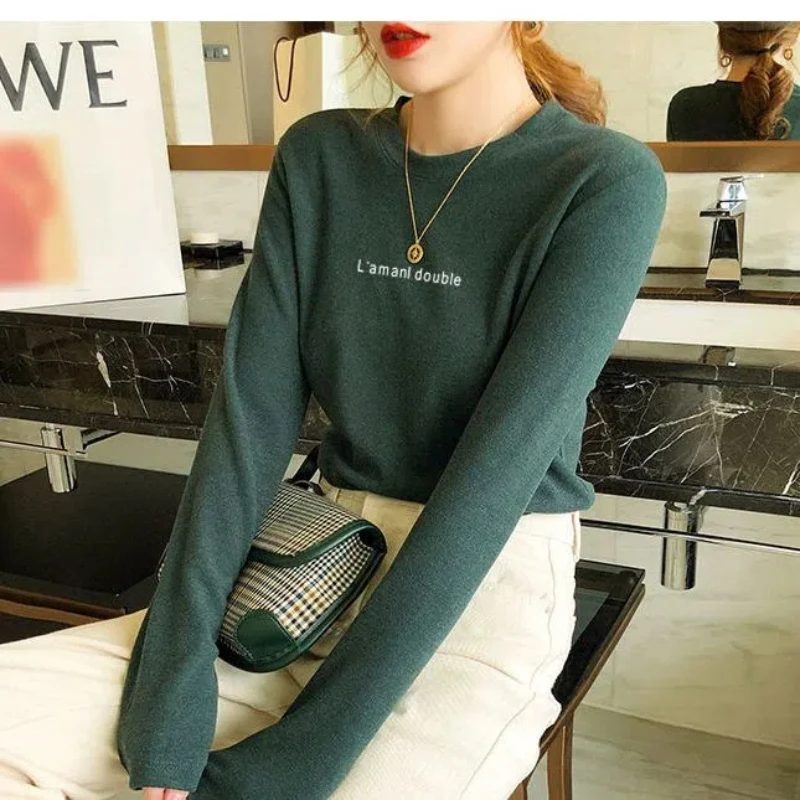 

Korean Women's 2024 Autumn Winter New Splicing Pullovers O-Neck Letter Fashion Solid Color Slim Fit Casual Long Sleeved Tops