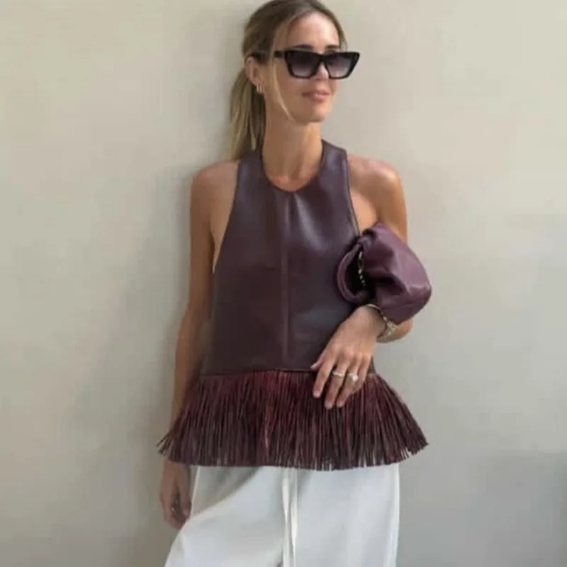 

Tuularose Women's PU Leather Vest Top Summer New Vintage Fashion Sleeveless Fringe Party Top Elegant Y2K Chic 2026 Female Tops