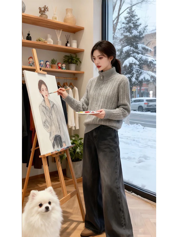 

Женский утепленный вязаный свитер с воротником-стойкой, открытый кардиган, облегающий базовый слой, повседневный свободный крой, топ с длинными рукавами