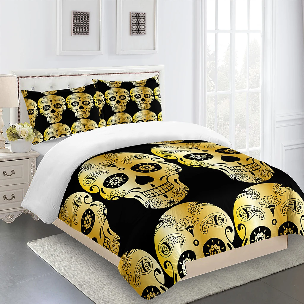 3Pcs Luxury Gold Skull Skeleton King Queen Full Size Duvet&Quilt Cover Pillow Case Bedding Linen Set Bedspread200x200 240x220