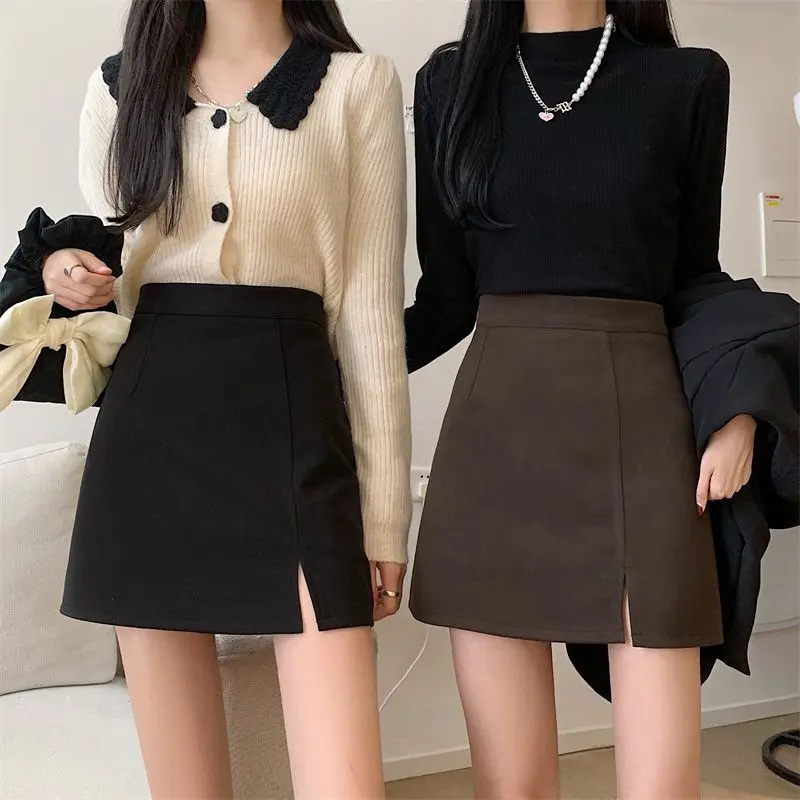 Autumn Winter Wool Blend Skirt for Women High Waist A-line Wrap Hip Skirt Slim Fit and Slimming Temperament Elegant Woolen Skirt