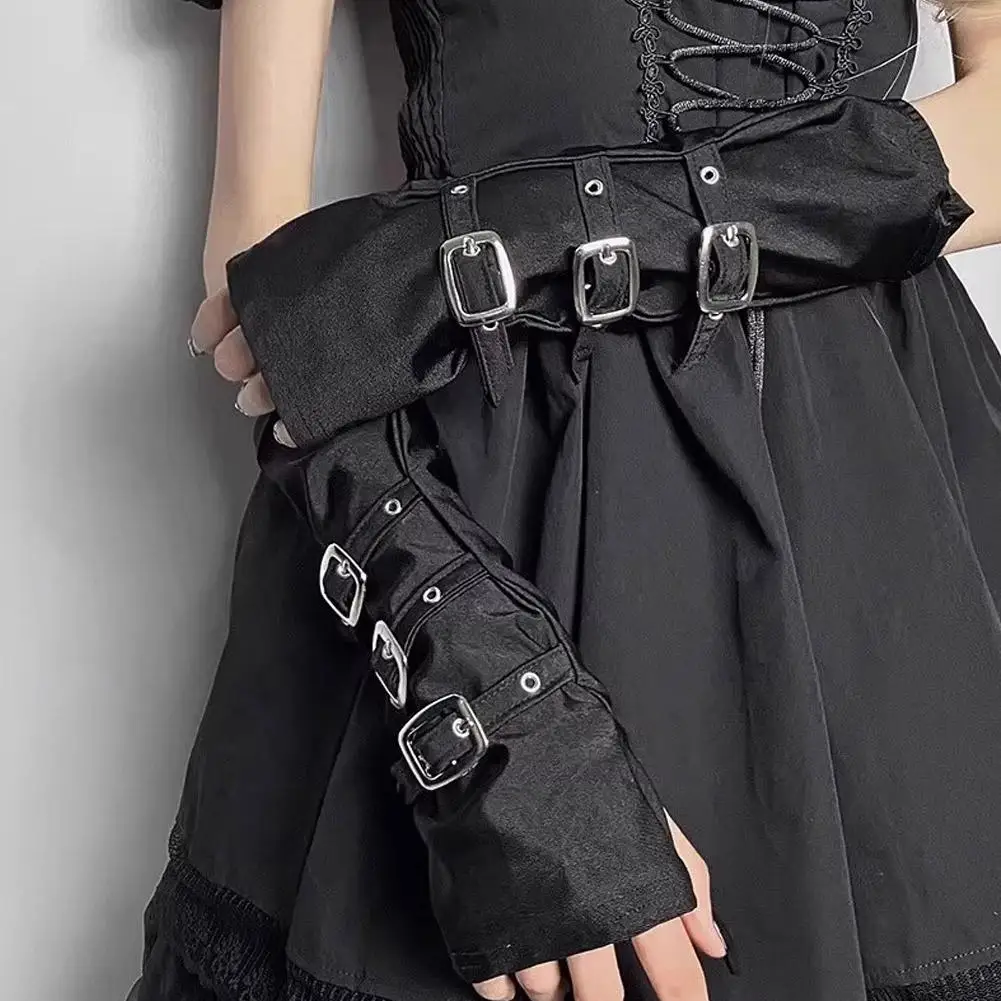 New Gothic Punk Style Metal Buckle Half Finger Gloves Lolita Cosplay Women Sun Protection Elasticity Arm Sleeves