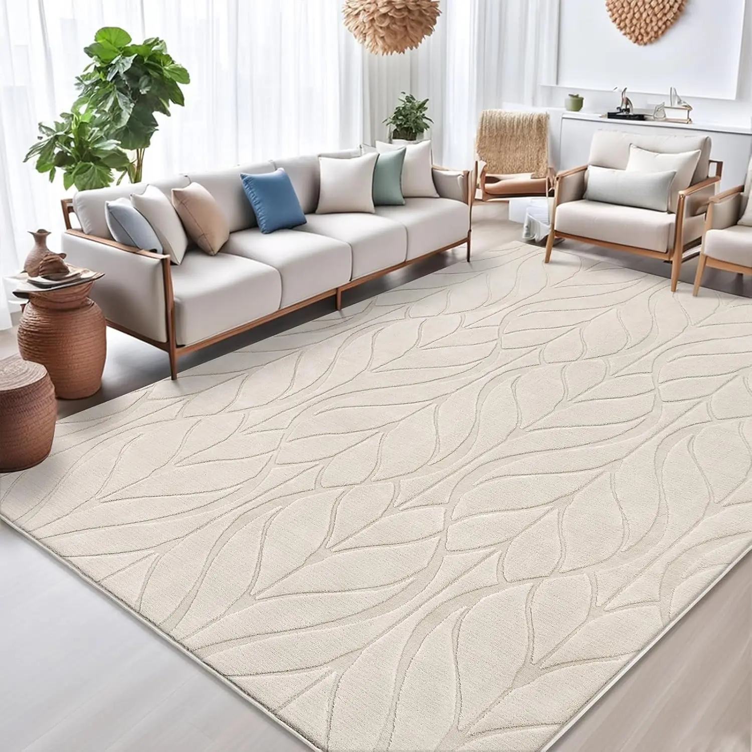 

Soft Area Rug 8x10 Washable Non Slip Bedroom Rug Beige Fluffy Large Carpet Living Room Leaf Pattern