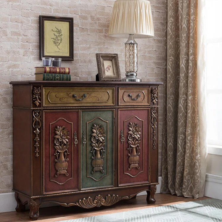 cx solid wood relief Ping An shoe cabinet retro hand-painted dining side, foyer, large-capacity locker