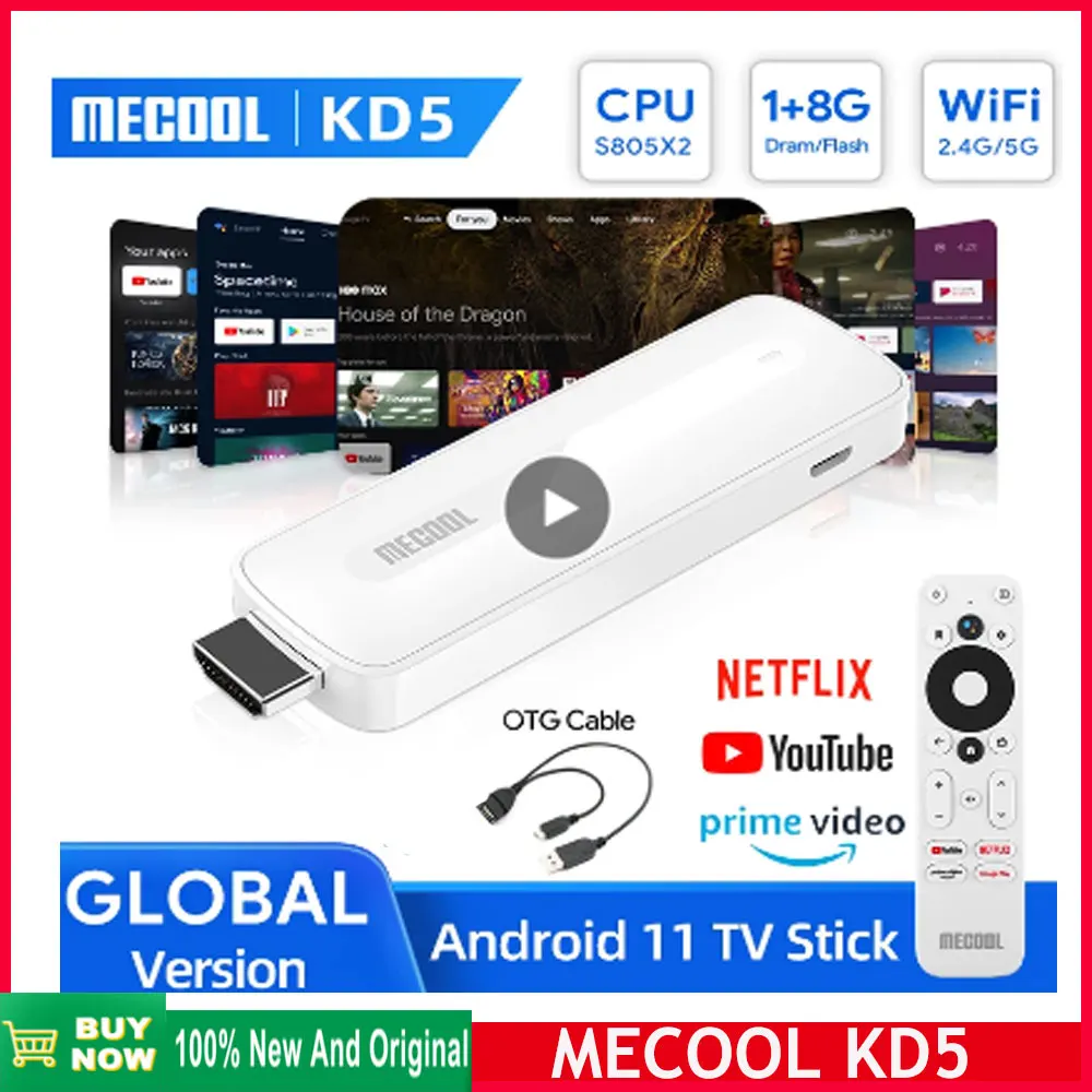 100% оригинал Mecool KD5 FHD TV Stick Android 11 1080P Smart TV box BT5.0 1 ГБ 8 ГБ WiFi 2,4G/5G HDR 10+ мини-медиаплеер ключ