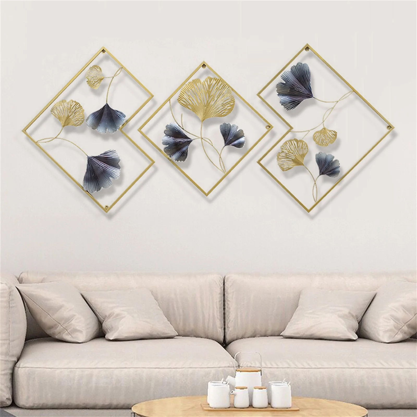 3Pcs Metal Gold+Blue Wall Art Hanging Sculpture Home Art Decor 3D 164 x 70.5cm