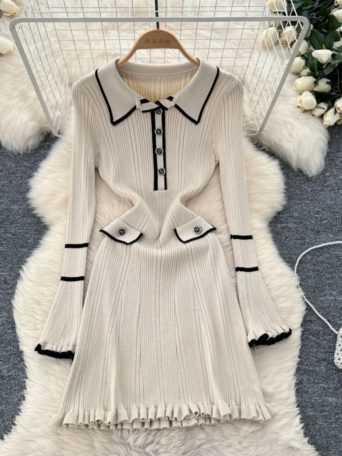 Gagaok Vintage Dress Contrasting Turn-down Collar Long Sleeved Slim Sweater Dresses Women French Style Fungus Knitted Vestidos