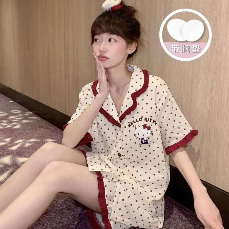 

Популярные милые аниме-пижамы с кружевом для весны и лета: шорты и футболка с коротким рукавом, свободная домашняя одежда для студентов, подарки