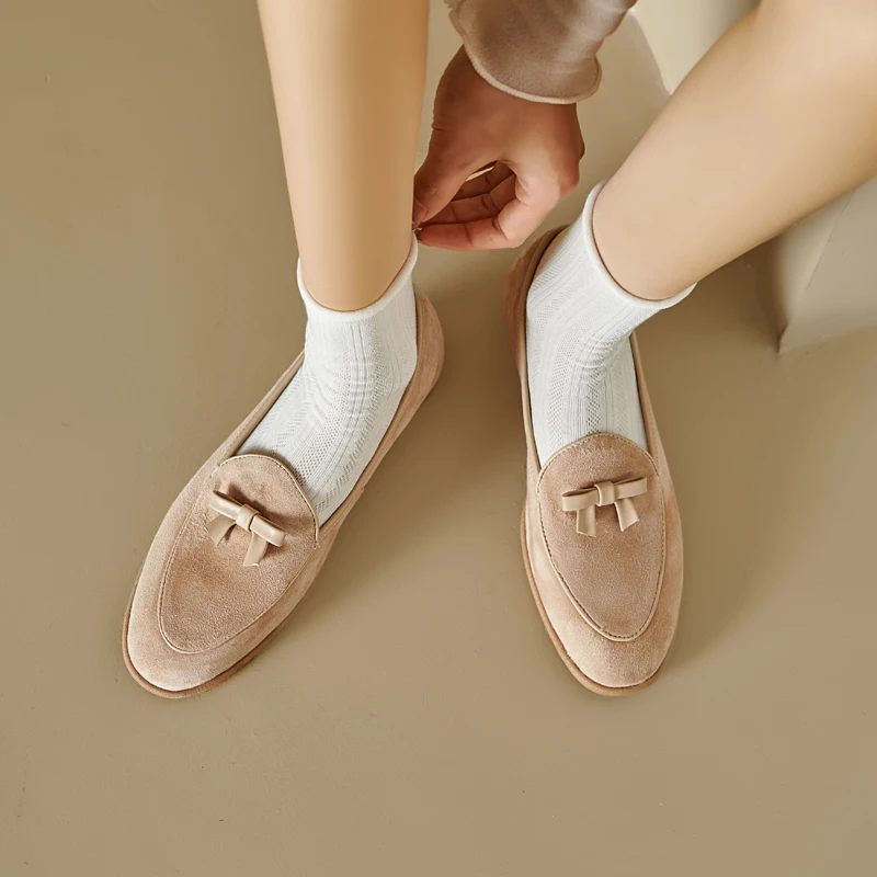 Soft Genuine Leather Round Toe Flats Basic Style Women Loafers Simple Flat Shoes Daily Mules Spring Autumn Women Bowtie Flats