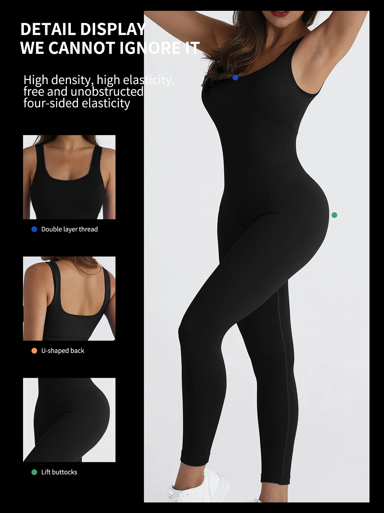 Women\'s shapewear jumpsuit slim fit square neck sleeveless summer jumpsuit ribbed yoga suit sports outdoor casual clothing