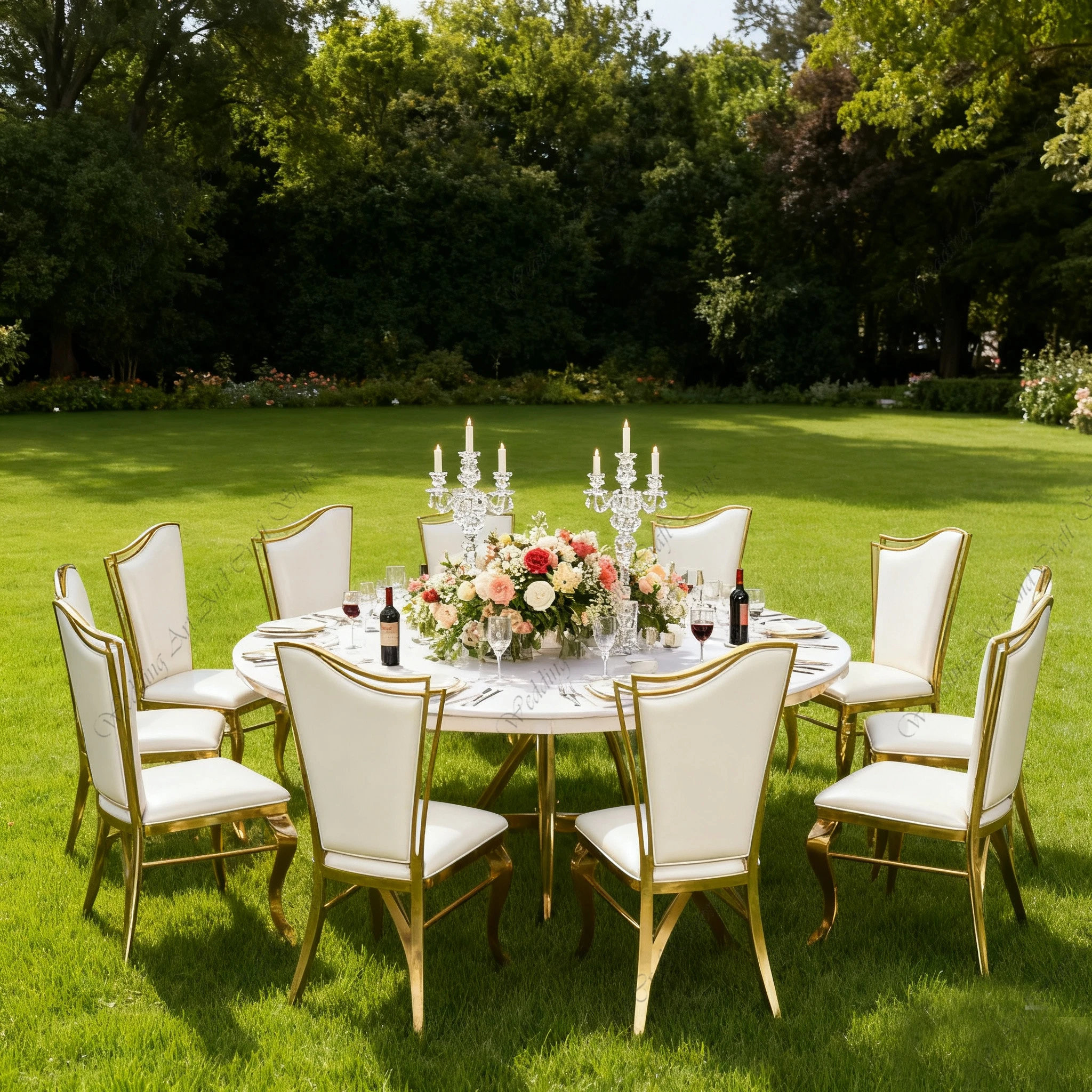 36pcs f30 Furniture Upholstered Side Chair White Leather Polished Gold Stainless Steel Legs Wedding Chiar Dining Chairs ivy380