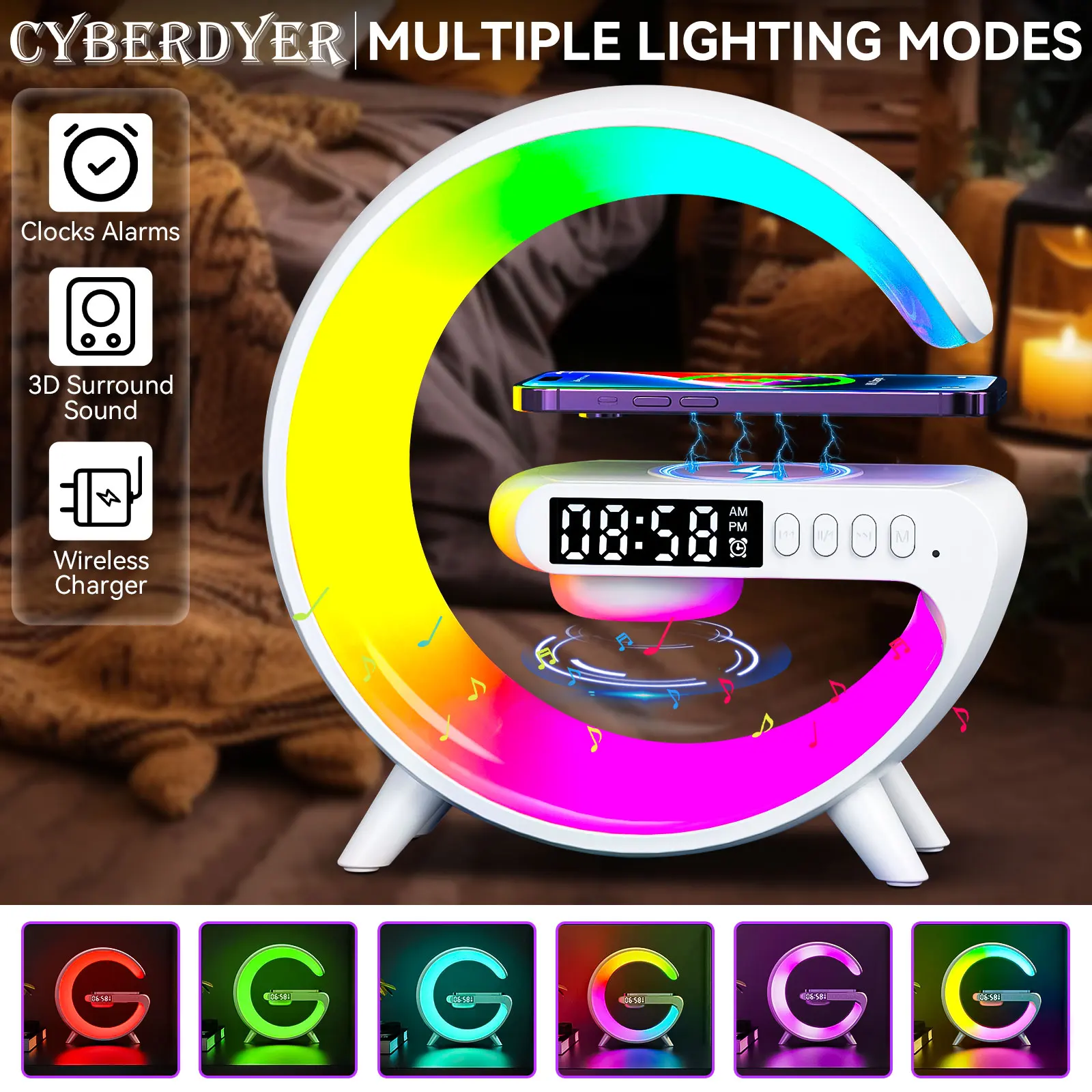 

EIGIIS New 15W Fast Charging Multifunction Wireless Charger Pad Stand Speaker RGB Night Light Station for iPhone Samsung Xiaomi