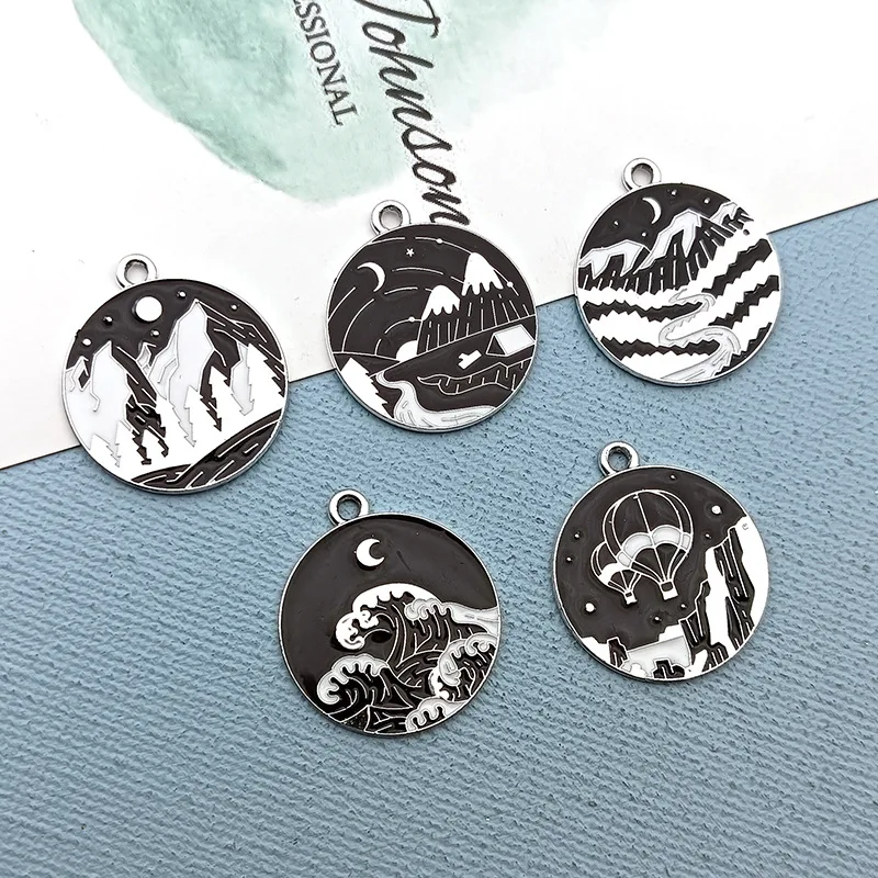 New Black Landscape Snow Mountain Sea Wave River Hanging Pieces Metal Charms DIY Alloy Ornaments Earrings Pendant 50pcs 23*26mm