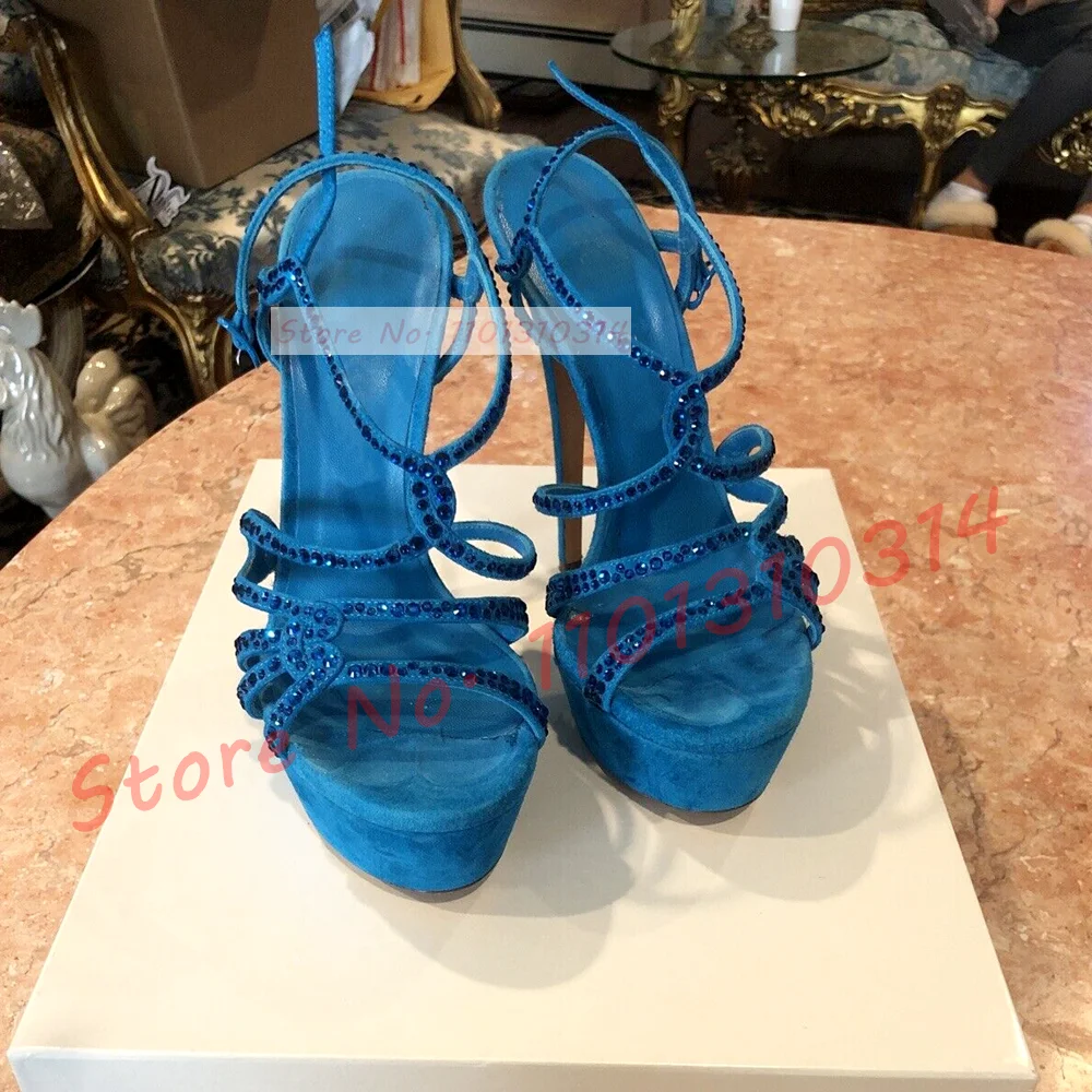 Sandali con plateau in pelle scamosciata di cristallo blu donna Bling Cross Strap Stiletto tacchi alti scarpe Ladies Party Casual eleganti sandali