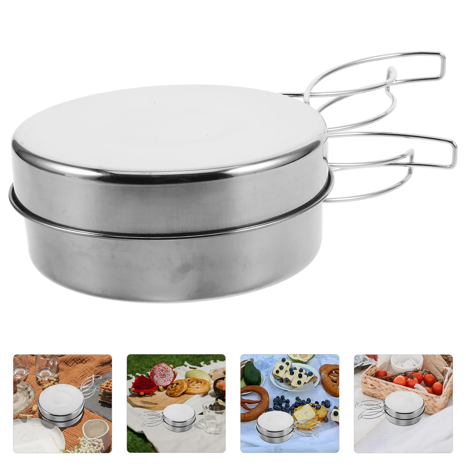 مجموعة أواني طهي محمولة من الفولاذ المقاوم للصدأ للتخييم والمشي لمسافات طويلة والنزهات خفيفة الوزن وقابلة للطي مع غطاء معدات الطبخ الخارجية #1