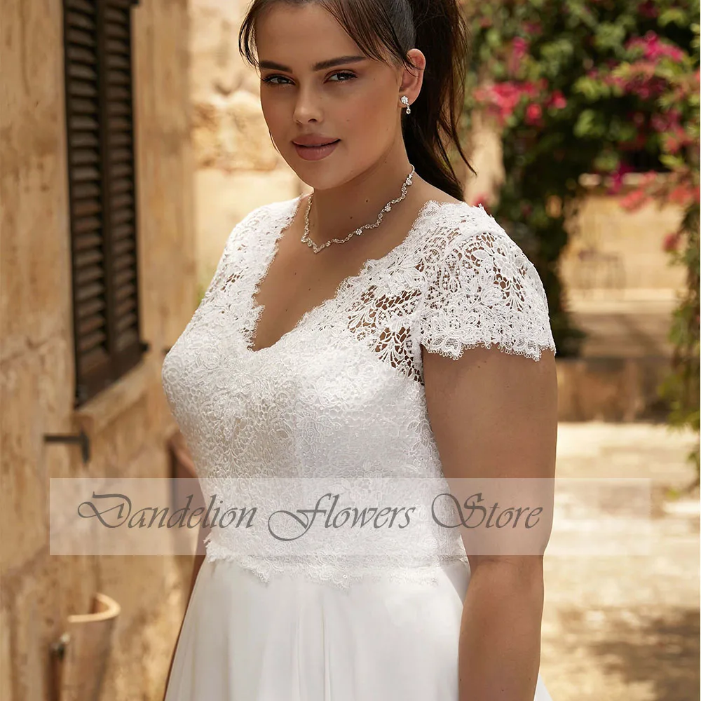 Boho Chiffon Wedding Dresses Plus Size V Neck Short Sleeves Applique Bride Gowns Sweep Train Backless A-Line Vestido De Novia