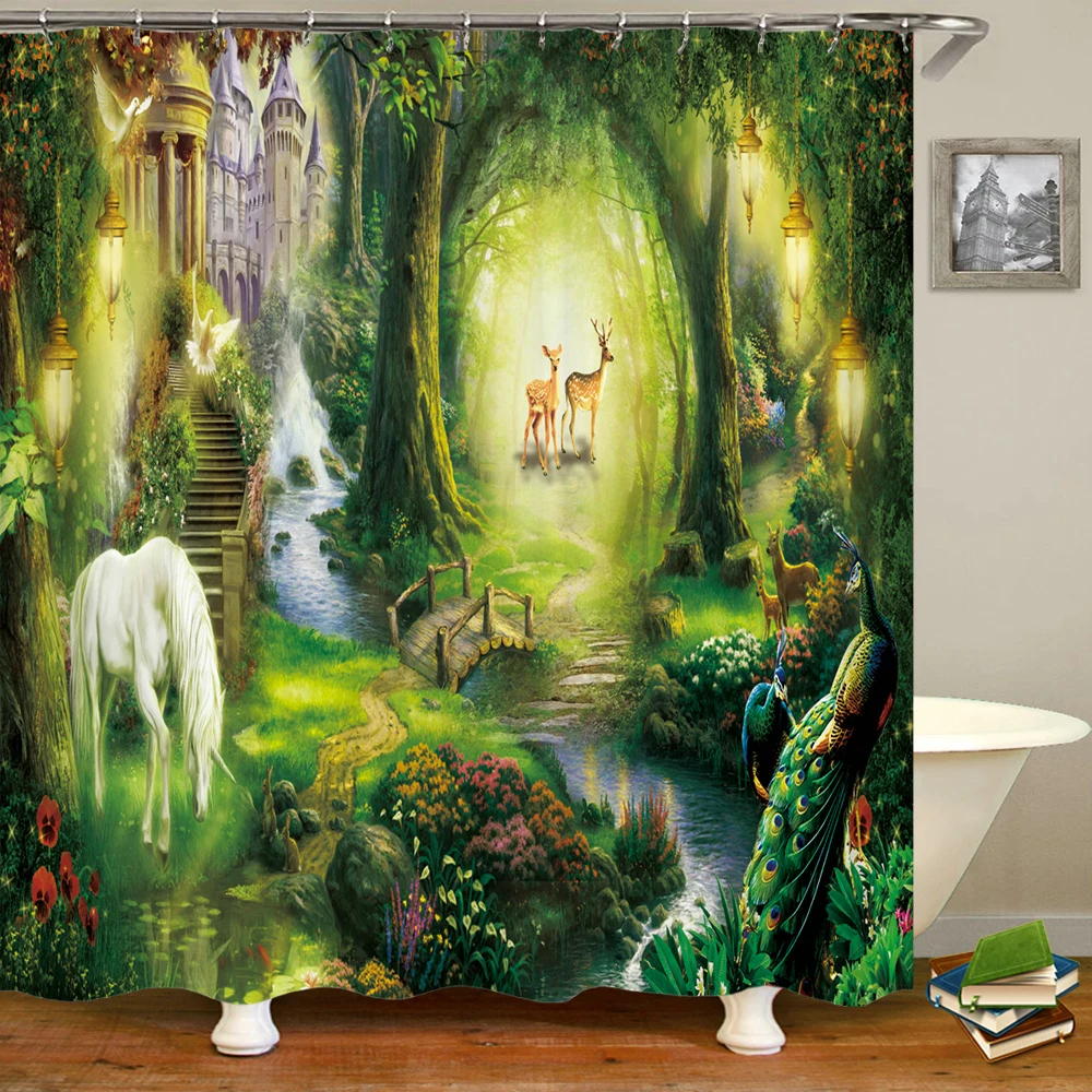 Dreamy Castle Shower Curtain Pink Spring Floral Fantasy Garden Forest Psychedelic Mushrooms Girls Waterproof Bathroom Curtains