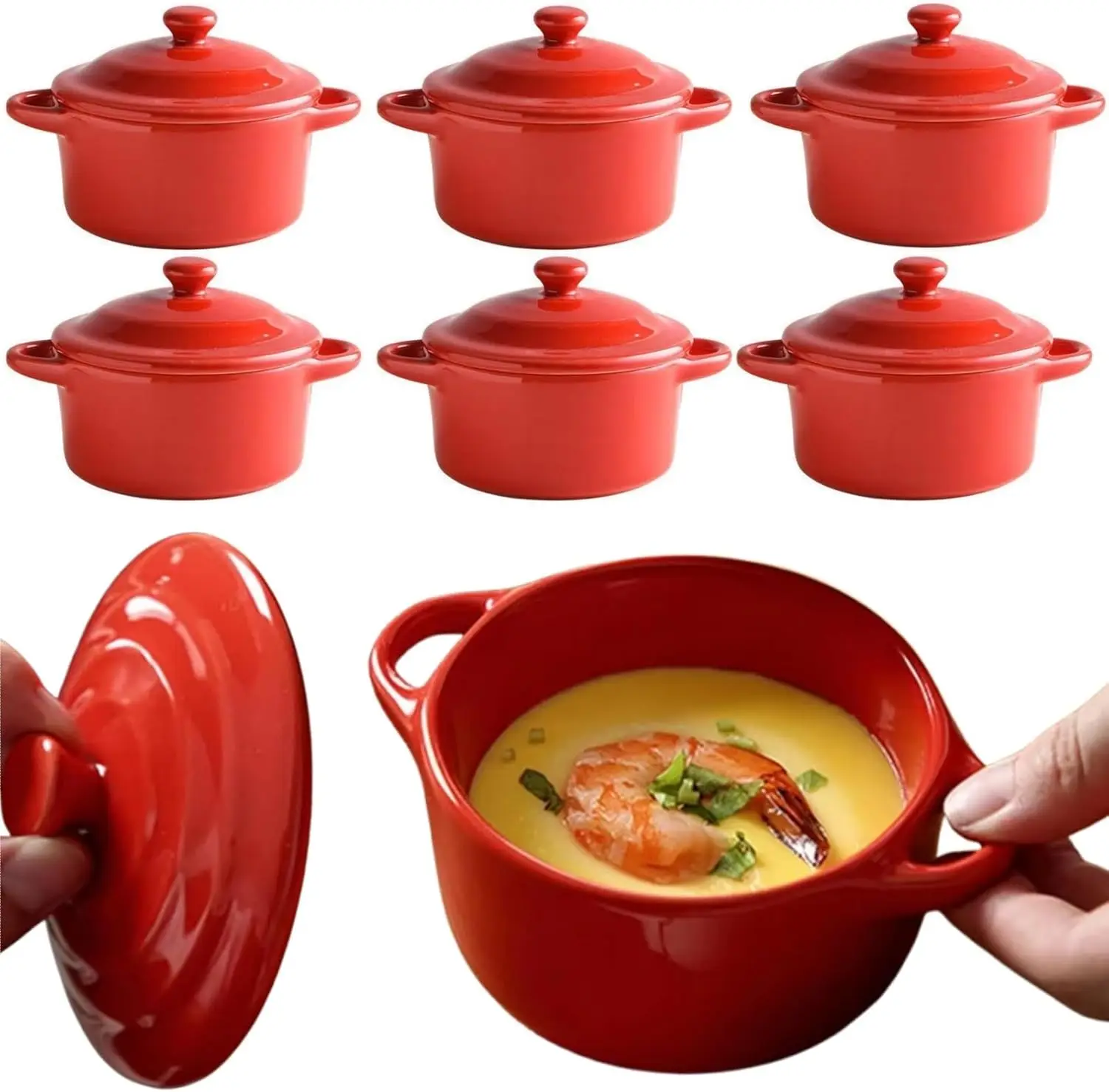 

6 Pack French Onion Soup Bowls, 7 Oz Ramekins Oven Safe Mini Cocotte, Red Ramekins with Lids Oven Safe Soup Bowls for C