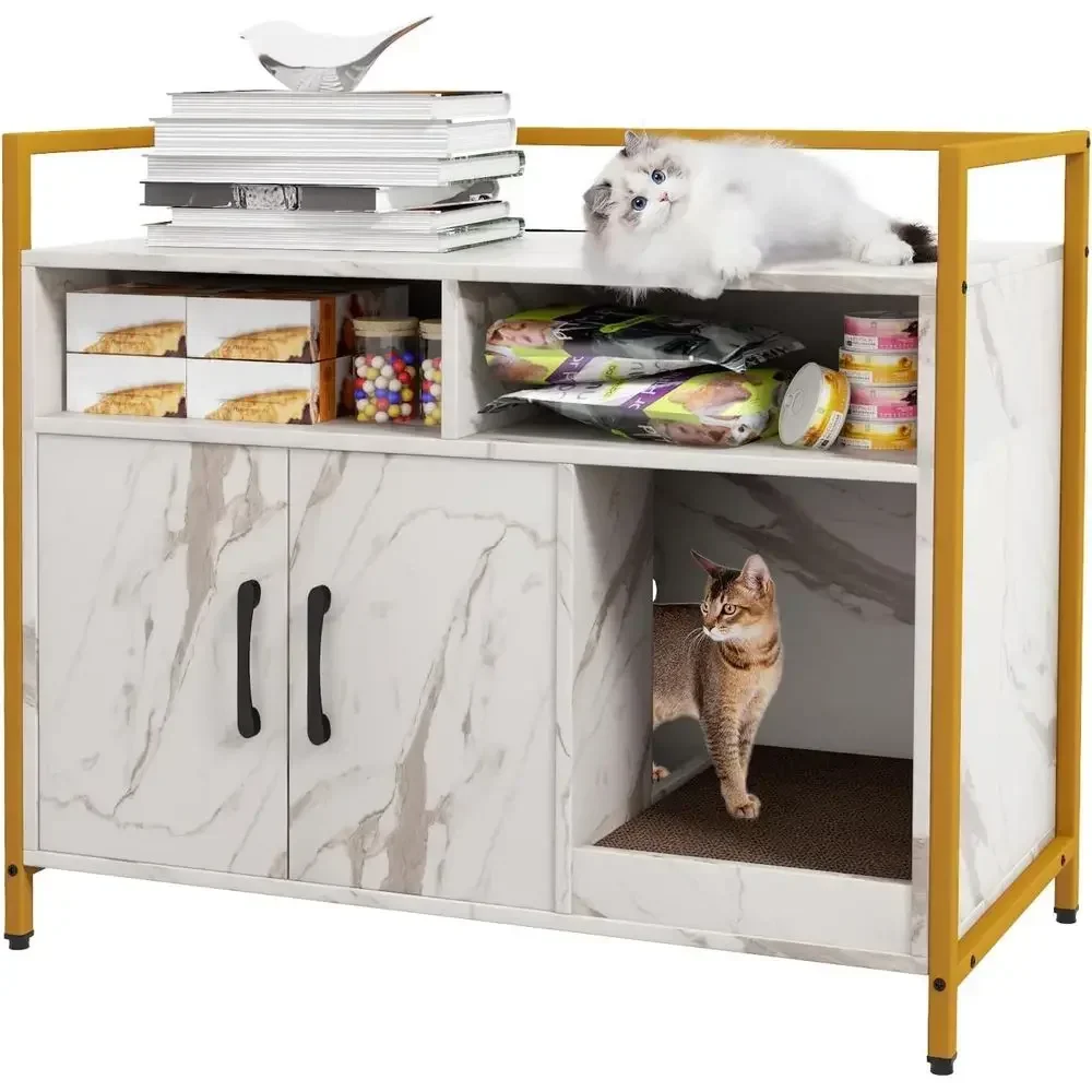 

White Marble-Style Cat Litter Box Enclosure with Front Entry, Scratcher, 2-Door Cabinet, Dual Compartments, Air Vents, Metal & W