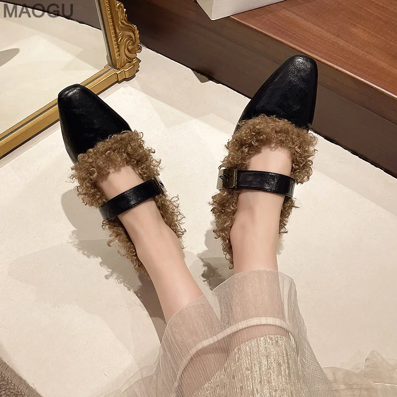 Autumn Winter Women's Low Heel Mary Jane Shoes Square Toe Fuzzy French Retro Style Plush Pumps Vintage Comfortable Footwear