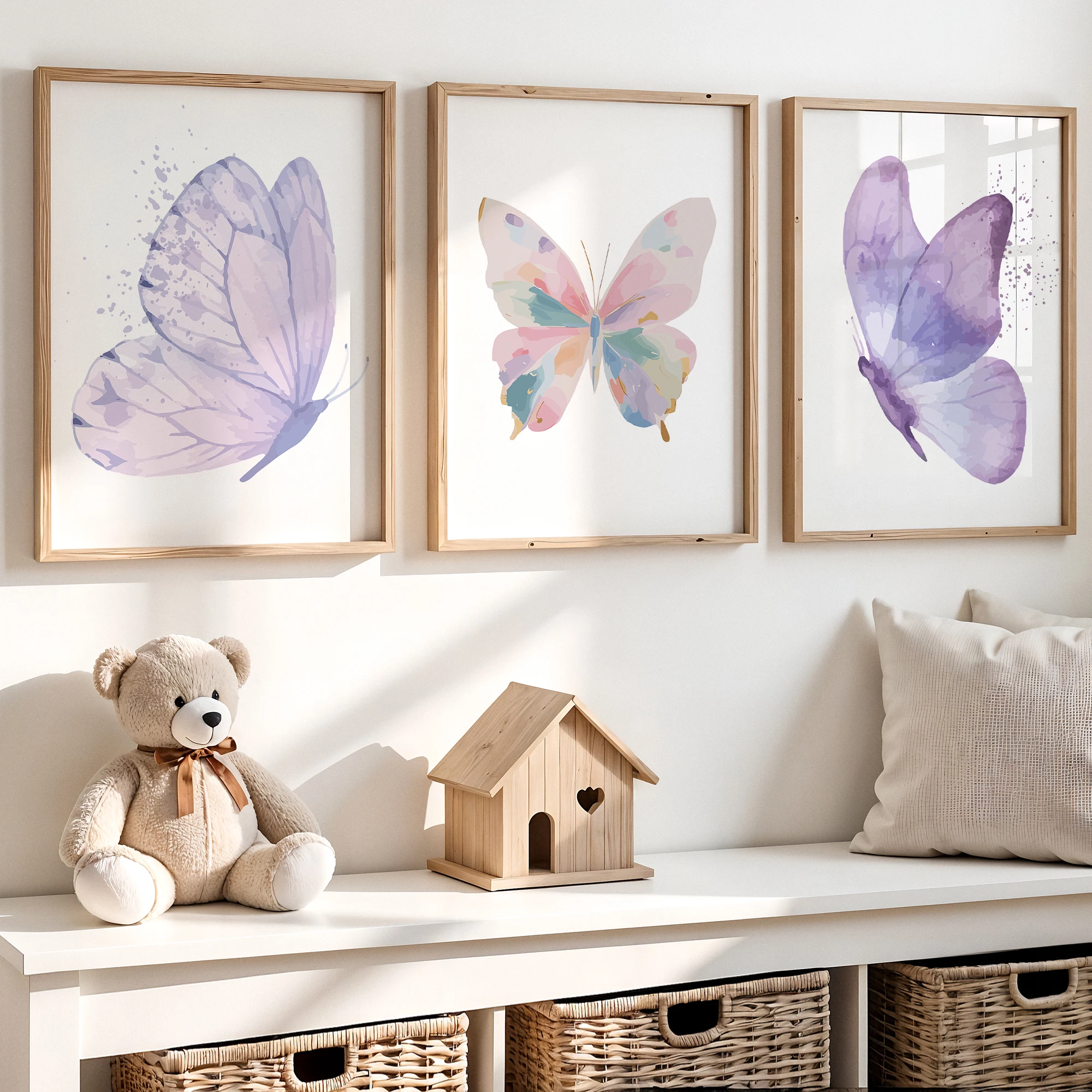 Cartoon Minimal Purple Butterfly Wall Art Print Canvas Painting Poster Picture For Kids Room,Boy's Room,Girl's Room Home Decor