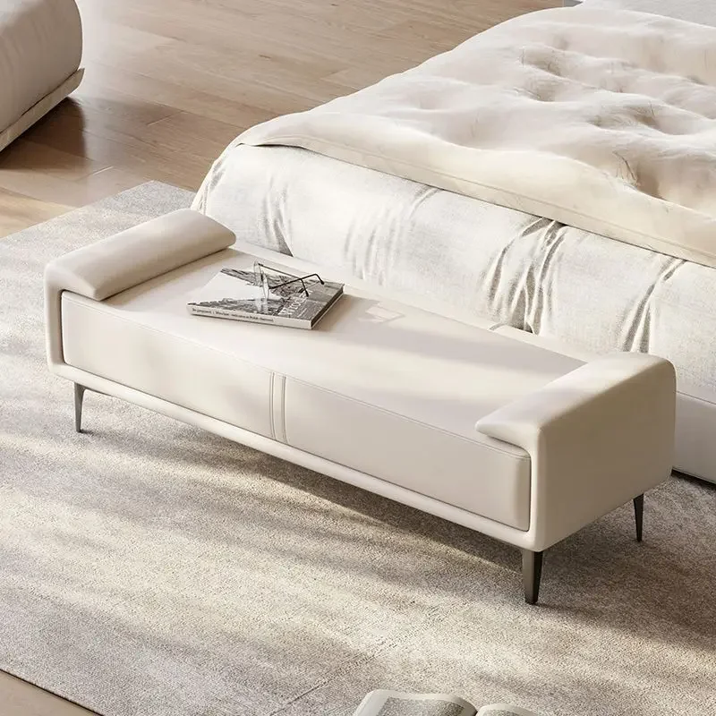 Minimalist Wabi Sabi Leather Long Bench Curved Armrest Thick Padded Seat Bedroom End Bed Sofa Side Entry Changing Shoe Ottoman