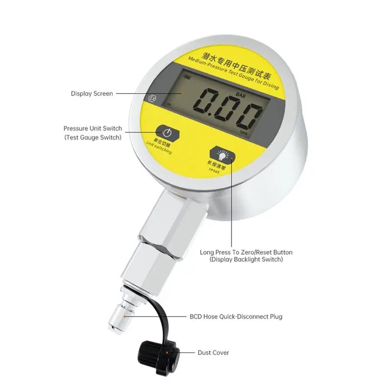 【Big Sale !!】Gauge Digital Pressure Meter 2.5MPA 1% FS PSI/Bar Mpa/Kgf/Kpa G1/4 BCD Interface Medium Pressure Manometer Scuba Eq