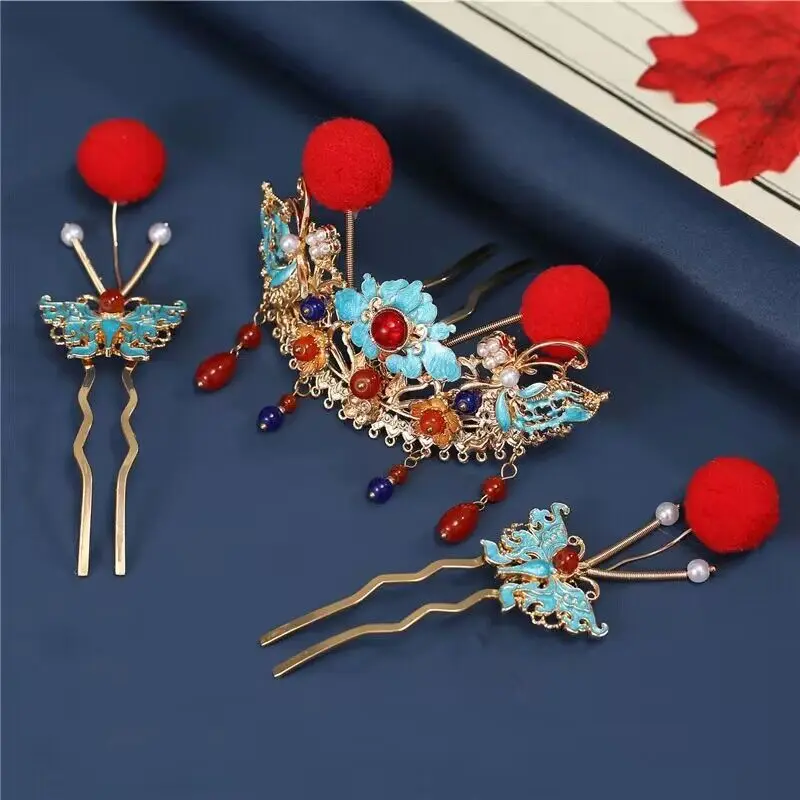 Womens Metal Blue Flower With Red Ball Hairpin Chinese Hanfu Headdress