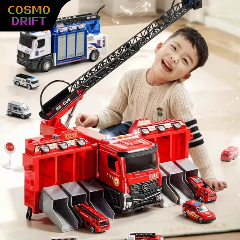 Large Multifunction Fire Truck Toy with Water Spray Police Track Rescue Vehicle Transforming Ladder Truck Model for Kids Boys