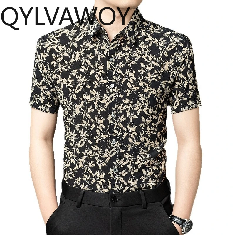 

QYLVAWOY 100% Real Mulberry Silk Men's Shirts High-end Summer Tops Short Sleeve Shirts Printed Shirts for Man Business Casual