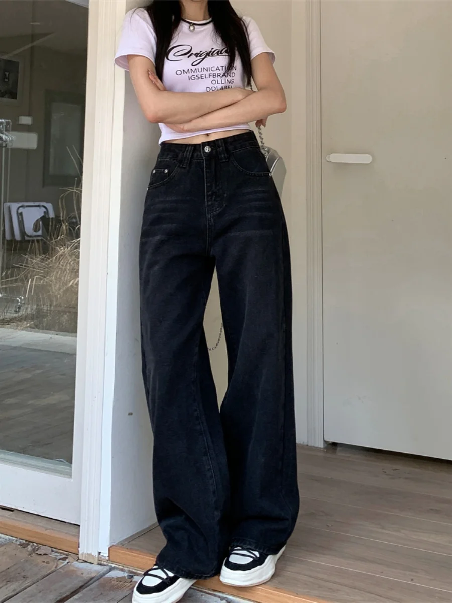 جينز للنساء بخصر عالٍ مقاس كبير وشكل متعرج كبير مريح أساسي بسيط للاستخدام اليومي متعدد الاستخدامات وعملي ثقيل كامل