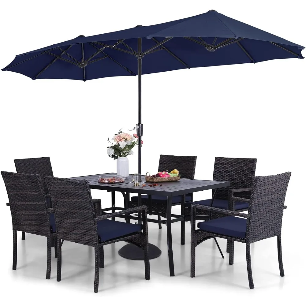 Patio Outdoor Table and Chairs Set with Umbrella Navy, Patio Dining Sets for 6, 7 Pieces Patio Table Set Clearance for Backyard