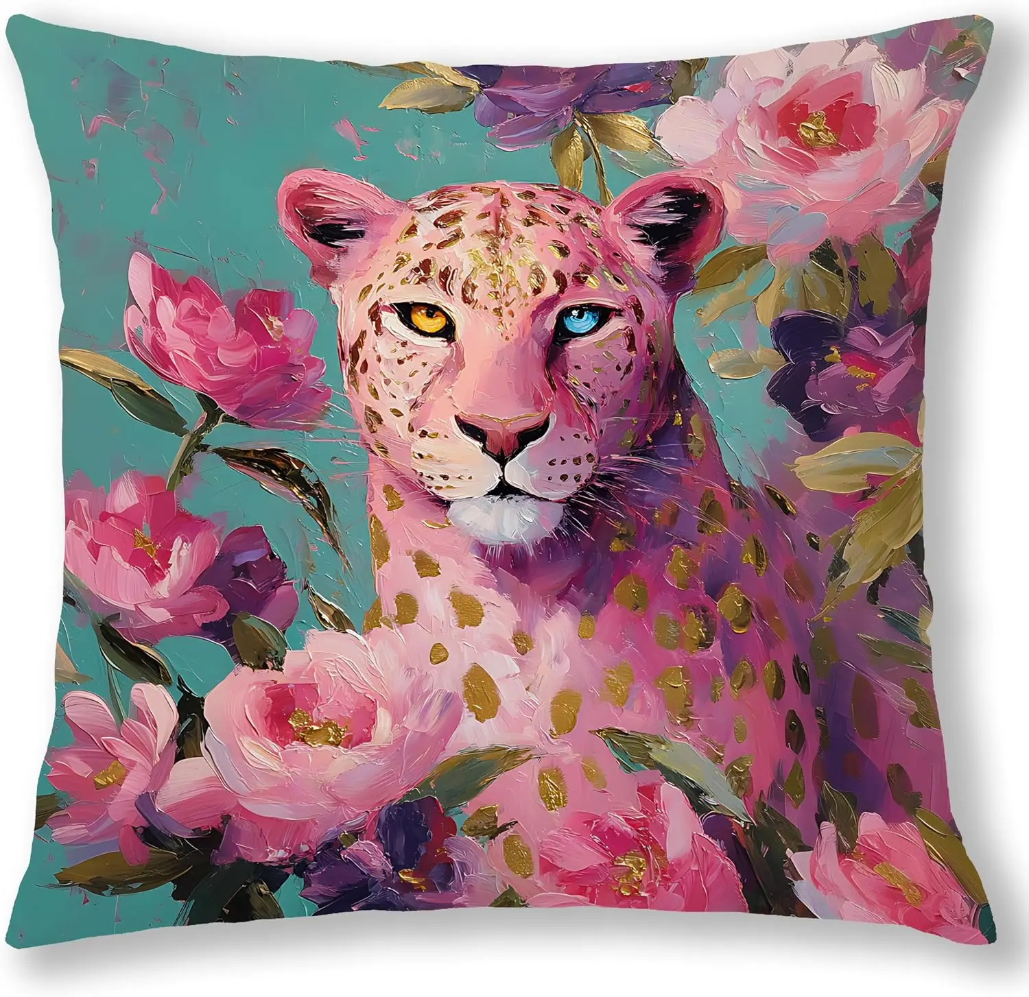 Pink Floral Leopard Pillow Covers 18x18, Cheetah Room Decor, Teal and Pink Flower Wild Animal Decorative Throw Pillow Covers
