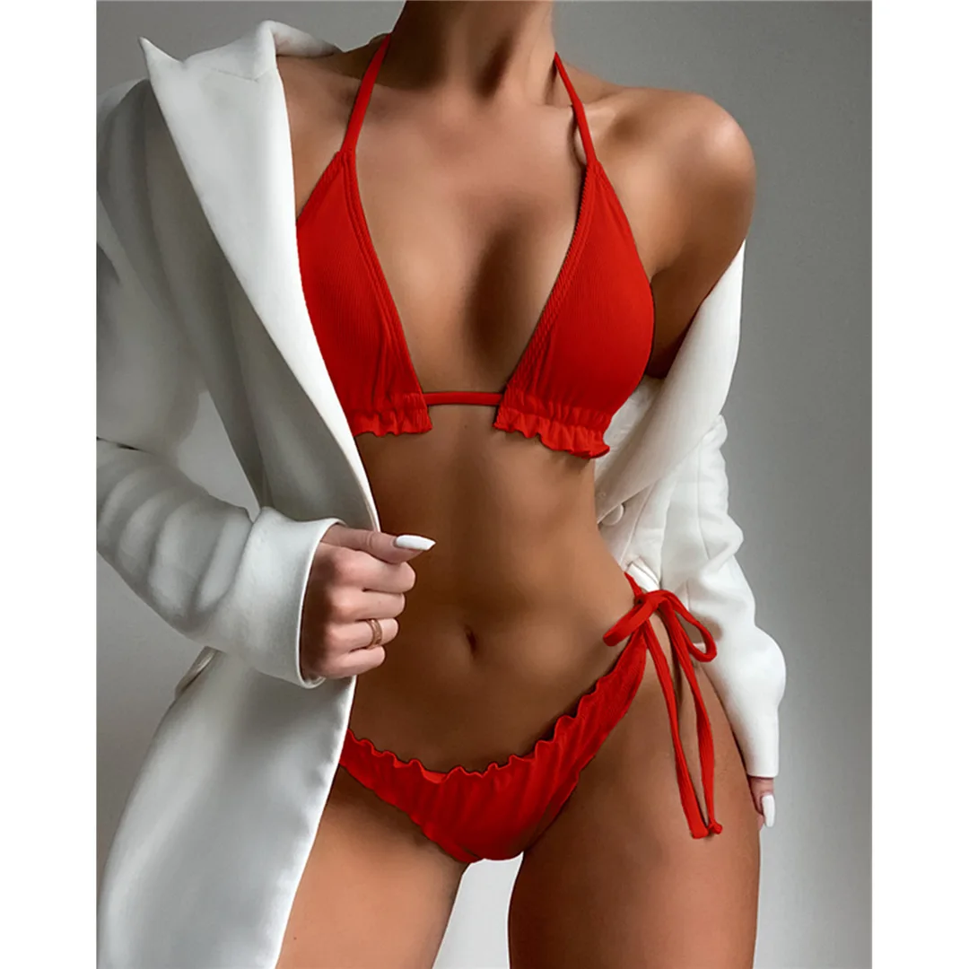 Rüschen-Bikini im brasilianischen Stil, zweiteiliger Badeanzug für Damen, Badebekleidung, Neckholder-Bikini, Badeanzug für Damen, V2817 – Detail 21