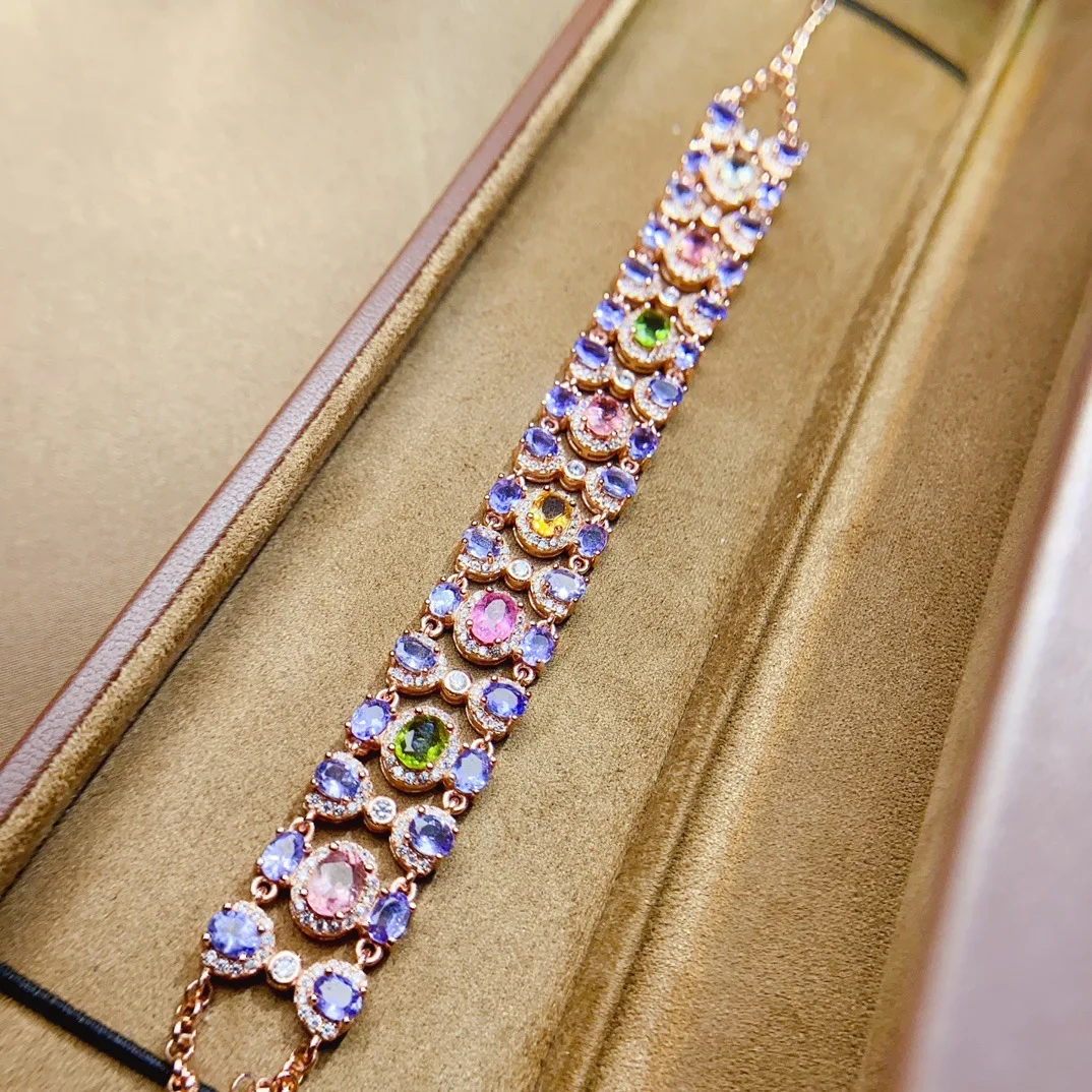 Natural Tanzanite Bracelet 3x4mm & 4x5mm Oval S925 Silver Rose Gold Plated with CZ Accent Multicolor Statement Tennis Bracelet
