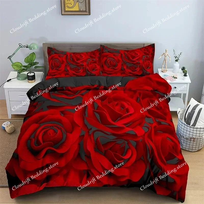 Floral Duvet Cover Set Full Size 3D Red Rose Bedding Set Microfiber Romantic Flowers Quilt Cover Wedding Valentine's Day Decor