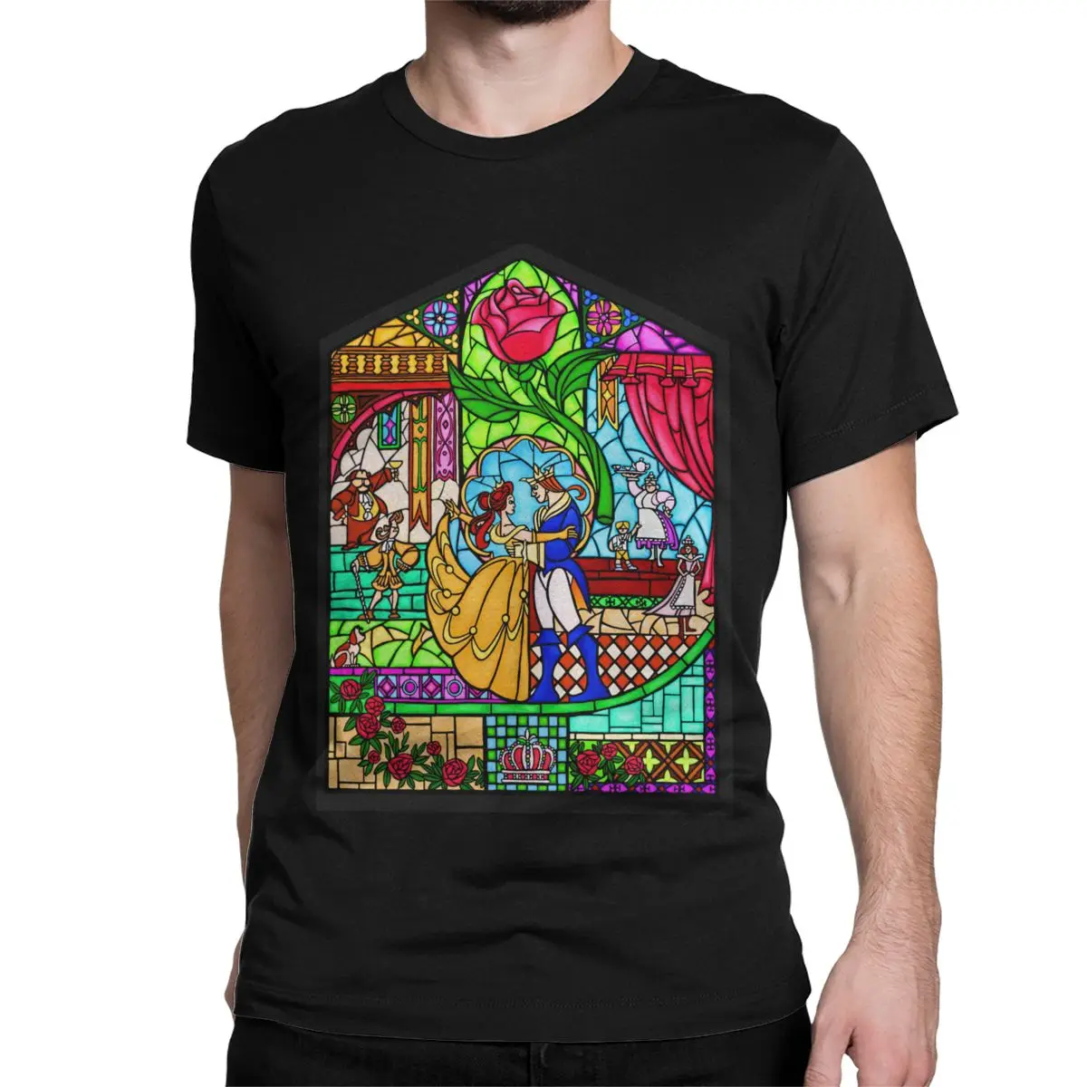 Men Women Beauty And The Beast Stained Glass T Shirts Pure Cotton Clothes Vintage Short Sleeve O Neck Tee Shirt Summer T-Shirts